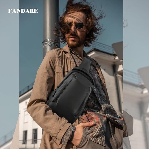 FANDARE Men’s Crossbody Sling Bag - Compact USB-Enabled Messenger Pack for Hiking & Travel | Black Nylon