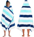 COTTON CRAFT Oversized Hooded Beach Towel - 39 x 68 Super Soft 100% Cotton Velour - Quick Dry Cabana Stripe Blue