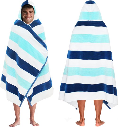 COTTON CRAFT Oversized Hooded Beach Towel - 39 x 68 Super Soft 100% Cotton Velour - Quick Dry Cabana Stripe Blue