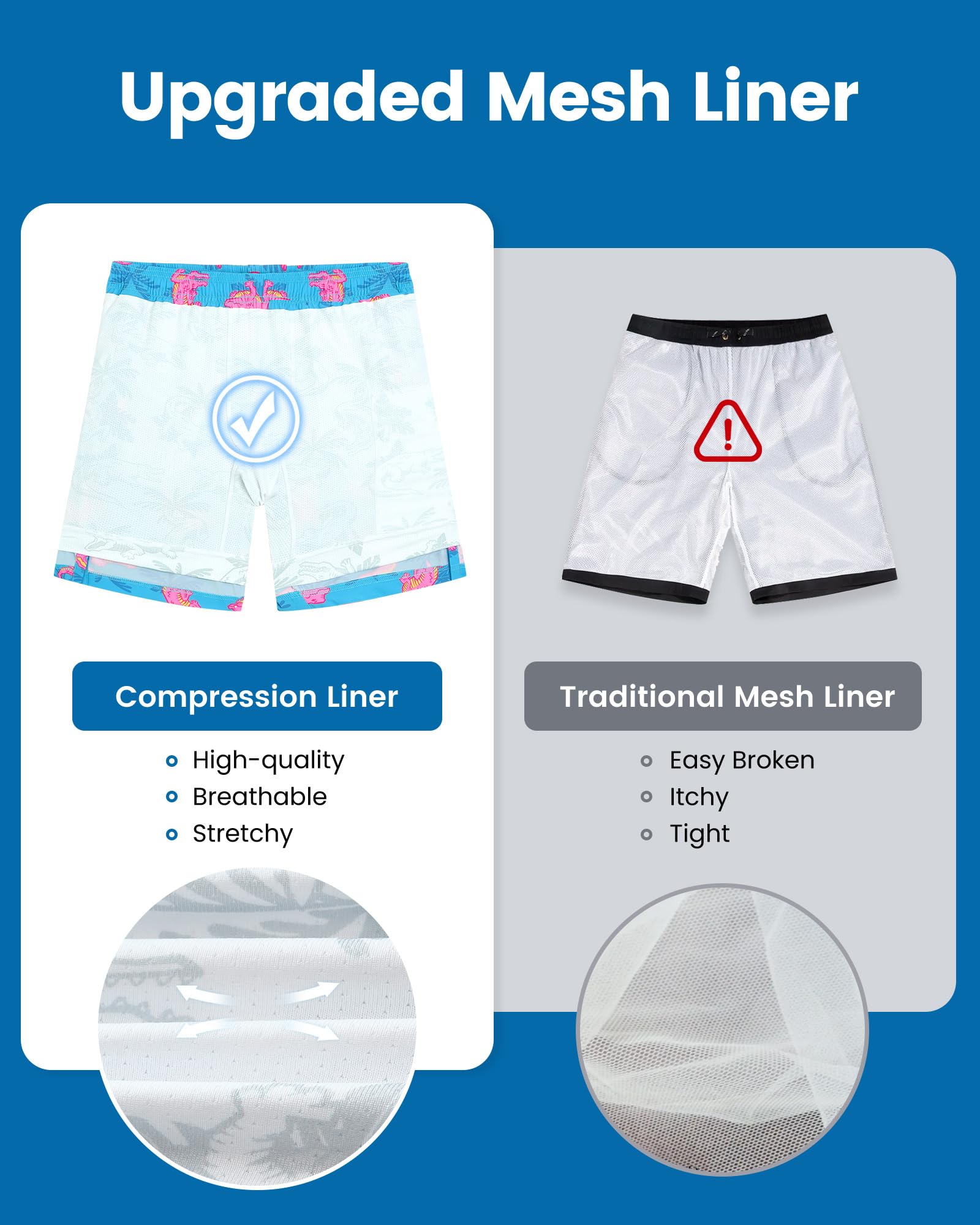 maamgic Mens Swim Trunks with Compression Liner 7 Inch Inseam Mens Bathing Suit Quick Dry Swimming Trunks Swimsuit Blue and Pink Crocodile XX-Large