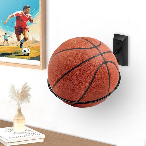 Basketball Holder Wall Mount - 7 Inch Solid Wood Base with Metal Ring | Sports Storage & Display Rack