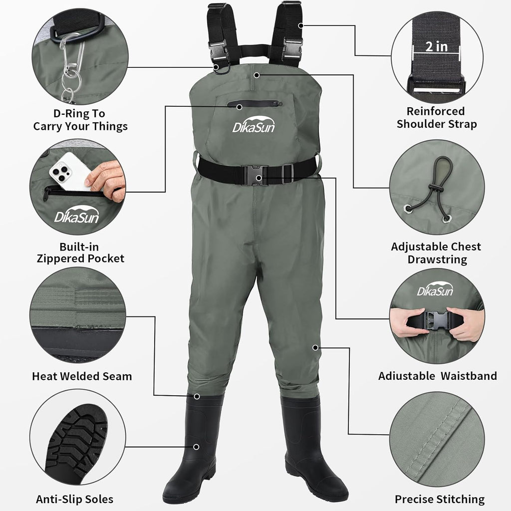 Skiennix Waterproof Fishing Waders - Durable 2-Ply Nylon/PVC Chest Waders with Boots | Sizes 4-13