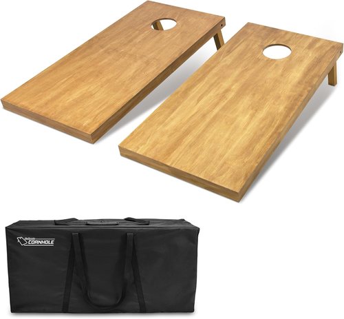 GoSports Wooden Cornhole Boards Set - 4 ft x 2 ft Regulation Size with Light Brown Finish & Carrying Case