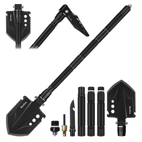 Bonfino Foldable Camping Shovel - 30.4" High Carbon Steel Portable Multitool Entrenching Tool for Backpacking, Hiking, Survival & Car Emergency - Versatile & Sturdy