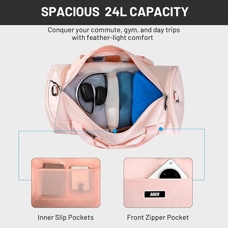 MIER 24L Pink Gym Duffel Bag with Shoe Compartment & Wet Pocket - 19.5x9.8x9.8 in, Lightweight