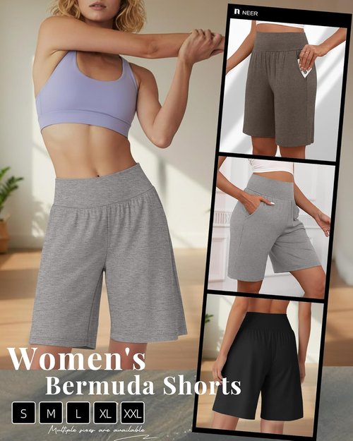 Neer Women's Bermuda Shorts - High Waist Stretch Casual Knee-Length Athletic Shorts with Pockets | 3 Pack