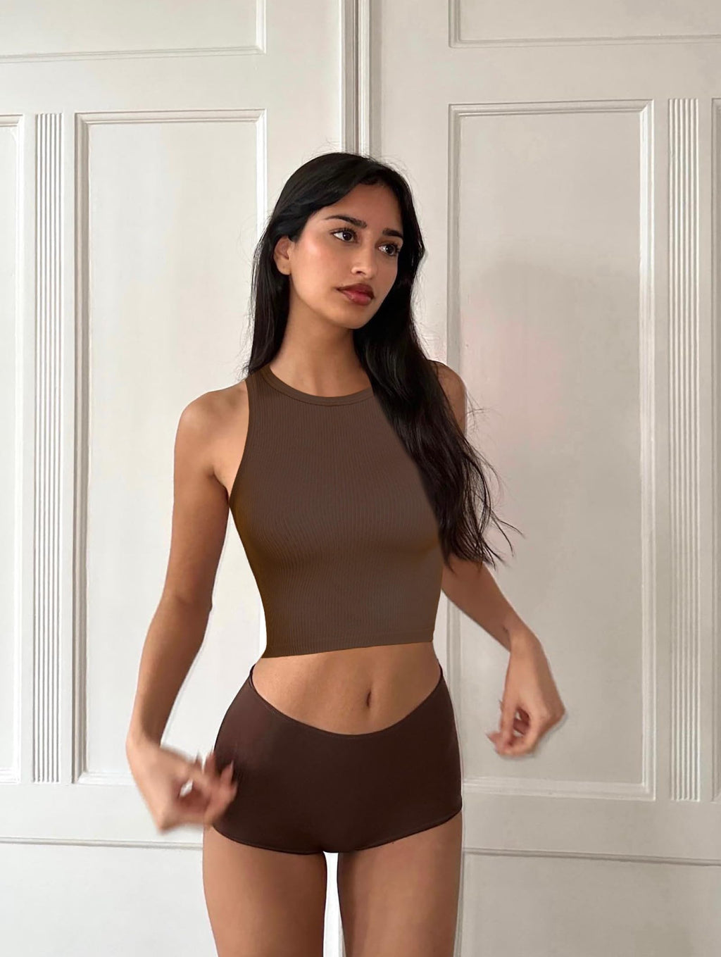 OLCHEE Womens 3 Pack Crop Tank Tops Basic Seamless Ribbed Round High Neck Racerback Workout Top Summer Causal Yoga Gym Shirts - Black Brown Beige X-Small
