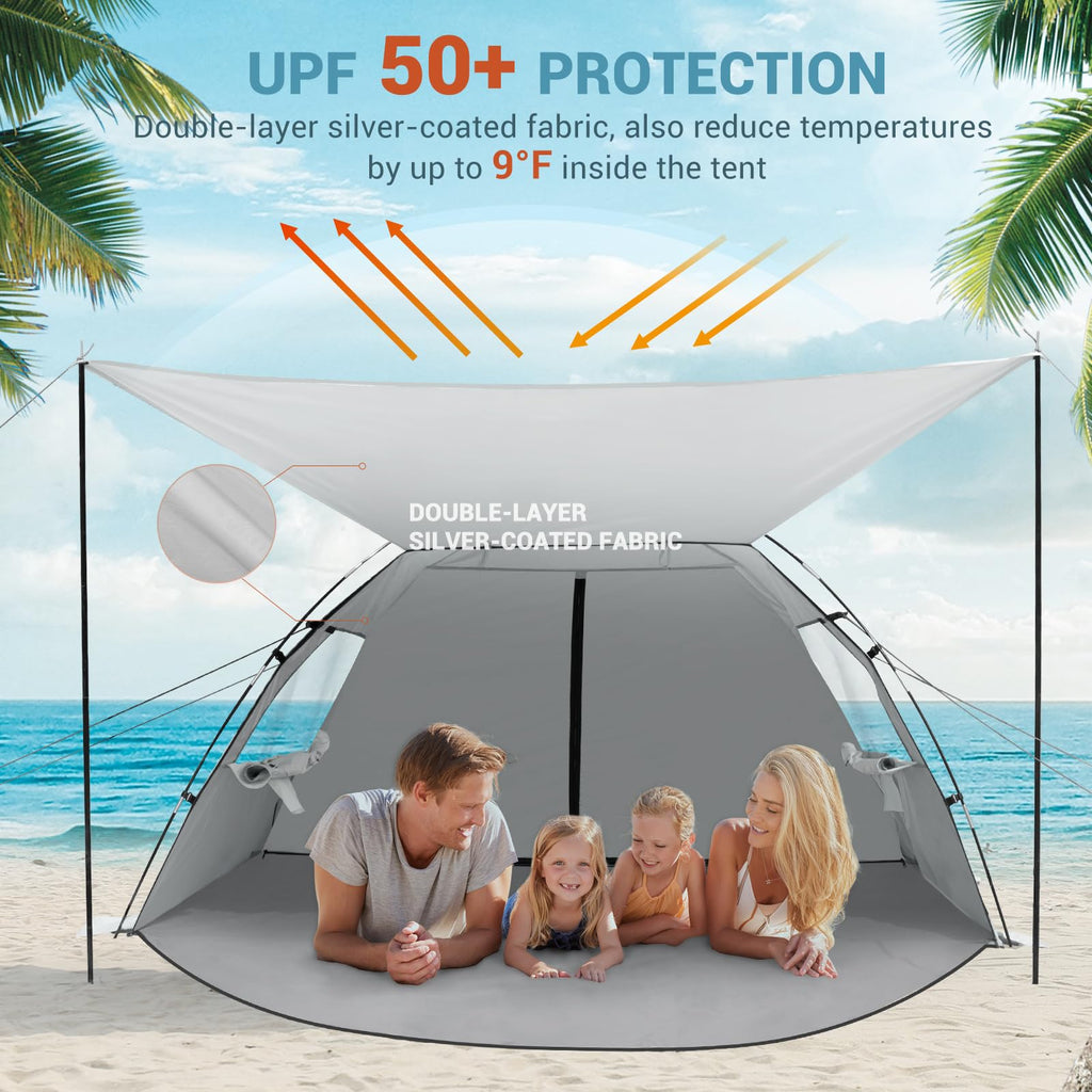 Elegear CumbreX™ Beach Tent Sun Shelter with Canopy, 4-5 Person Pop Up Beach Tent, Easy Setup UPF 50+ UV Protection Portable Lightweight Double Silver Coating Cabana Sun Shade Shelter - Silver