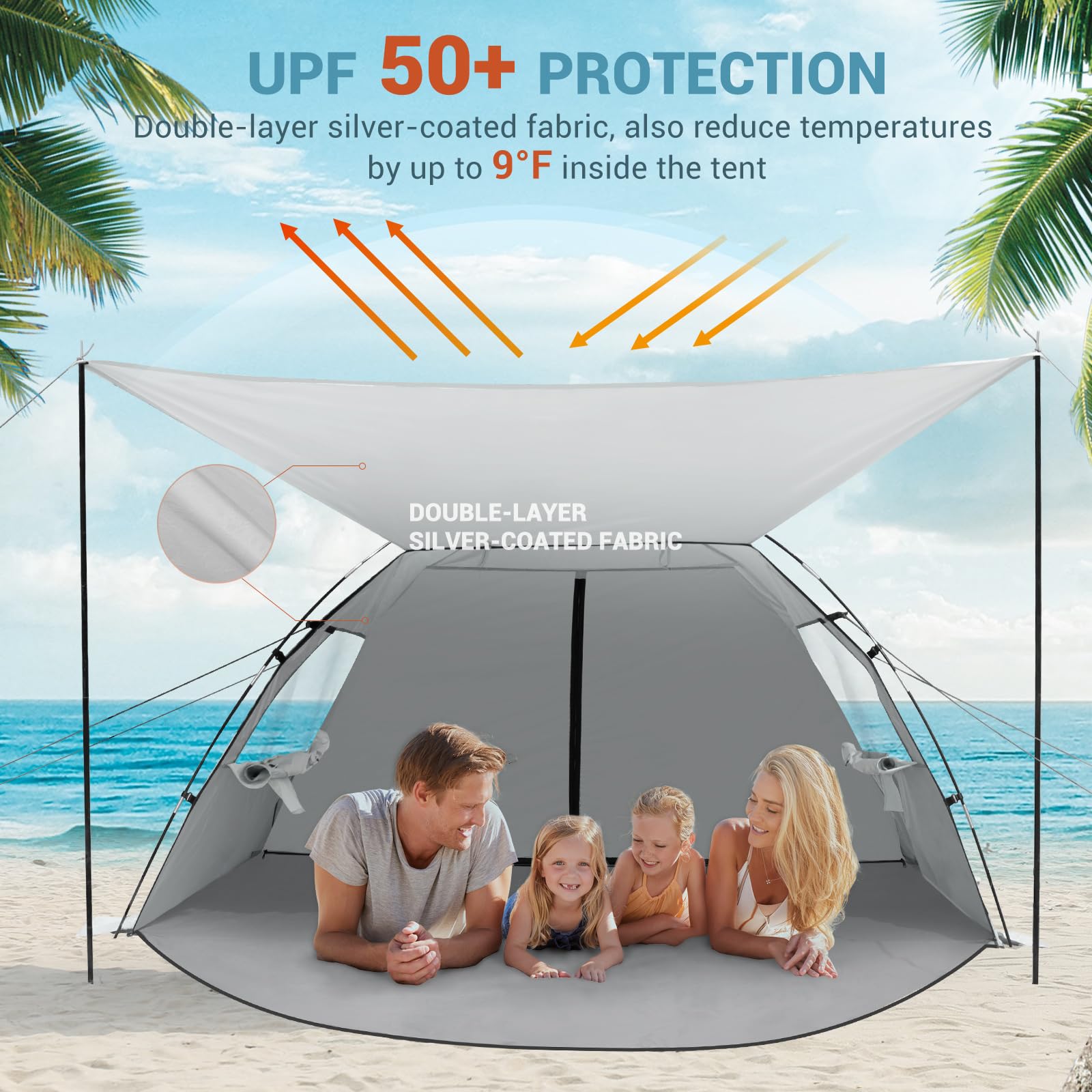 Elegear CumbreX™ Beach Tent Sun Shelter with Canopy, 4-5 Person Pop Up Beach Tent, Easy Setup UPF 50+ UV Protection Portable Lightweight Double Silver Coating Cabana Sun Shade Shelter - Silver