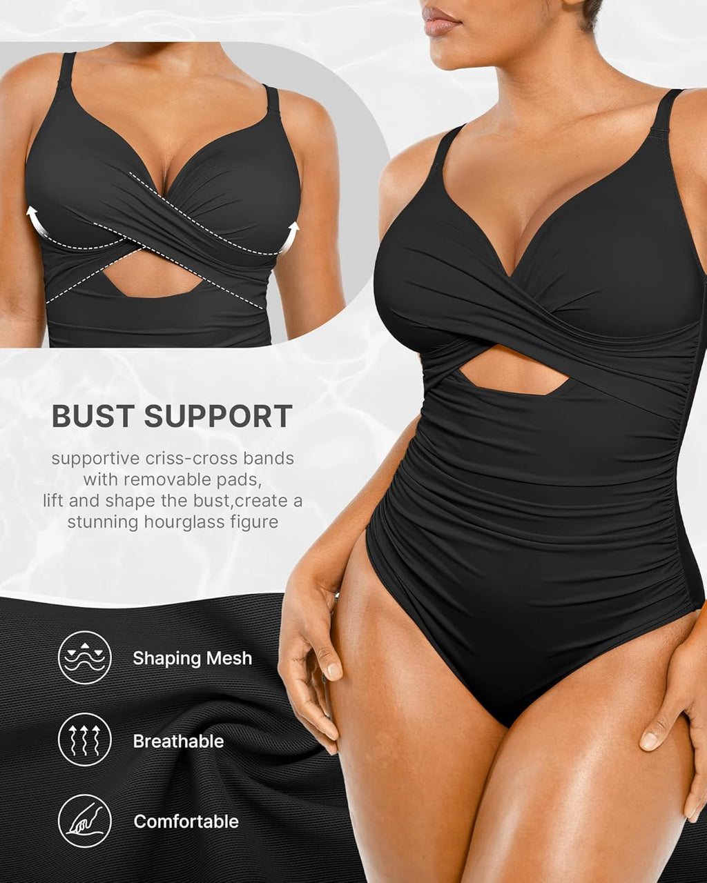 SHAPELLX Tummy Control One-Piece Swimsuit - V Neck, Ruched Design, Slimming Fit, Built-In Bra