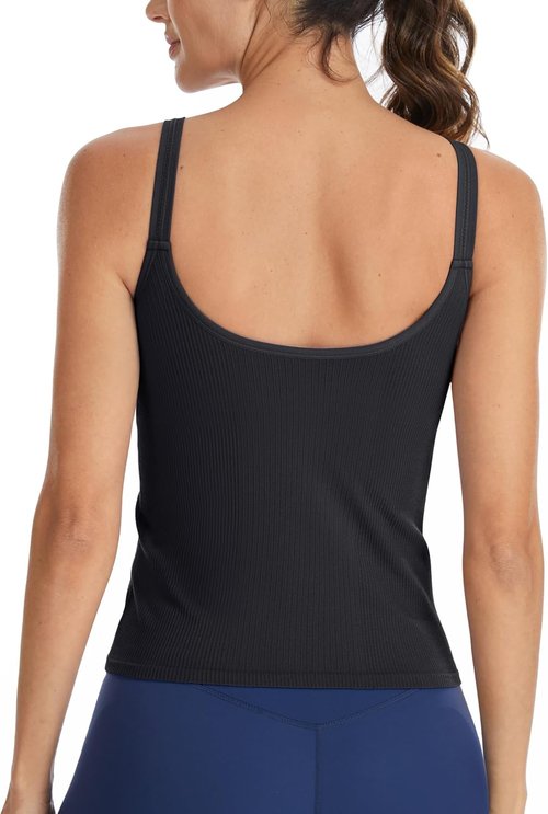 ATTRACO Ribbed Workout Tank Top - Built-In Bra Yoga U-Back Crop Top for Women | Tight Fit Gym Wear