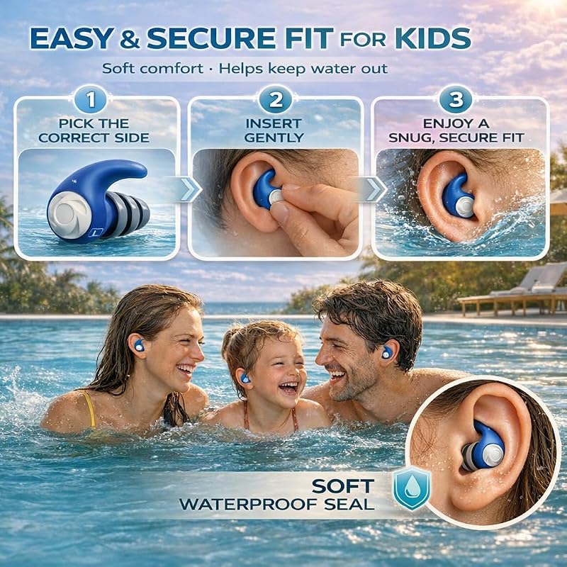 Waterproof Ear Plugs for Adults & Kids, 3 Pairs—Soft Silicone, Blue/Orange/Sky Blue (Variation: Blue, Orange, Sky Blue-Kids)