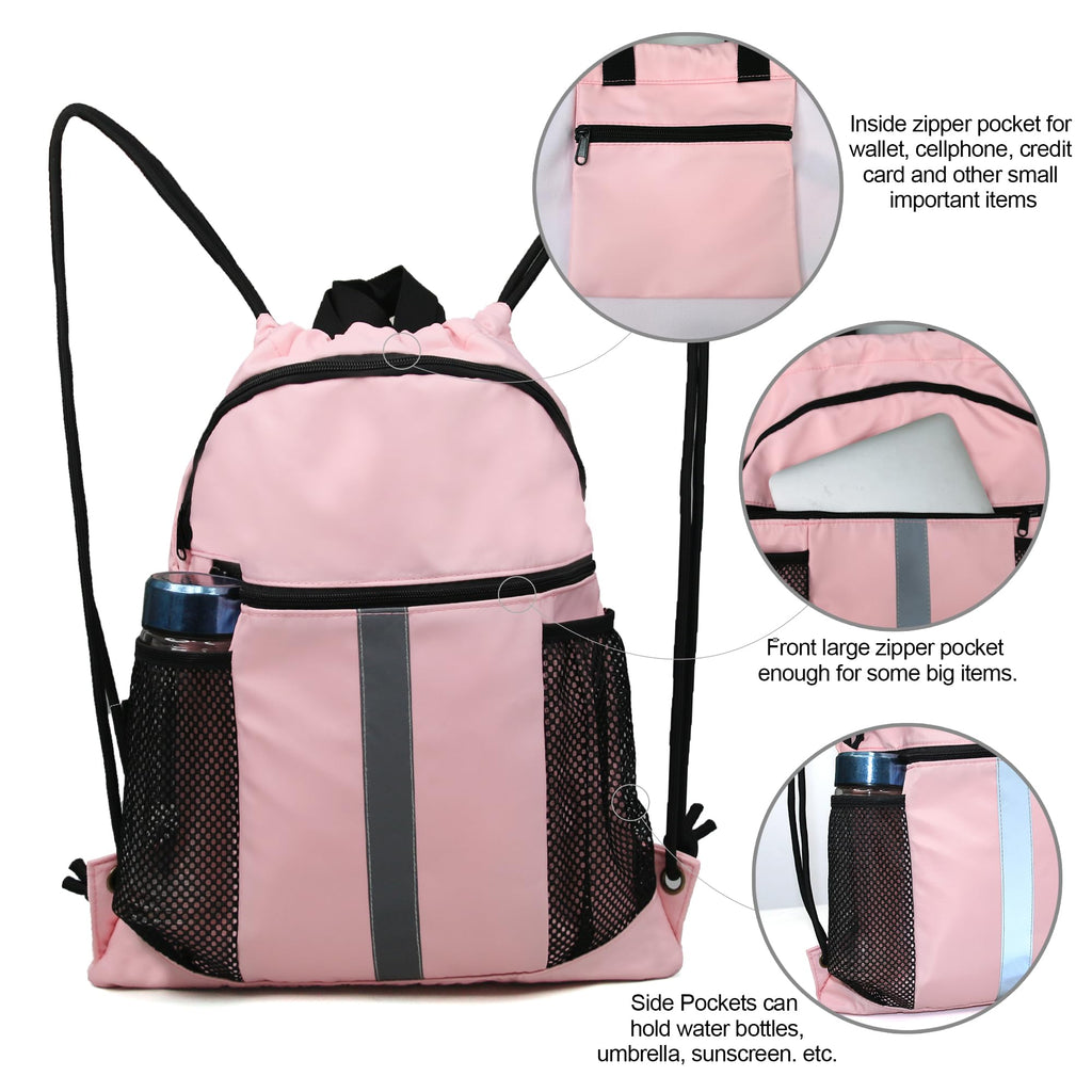 BeeGreen Pink Drawstring Backpack Bag with Shoe Compartment X-Large Gym Sports String Cinch Sackpack with Front Inside Zipper Pockets