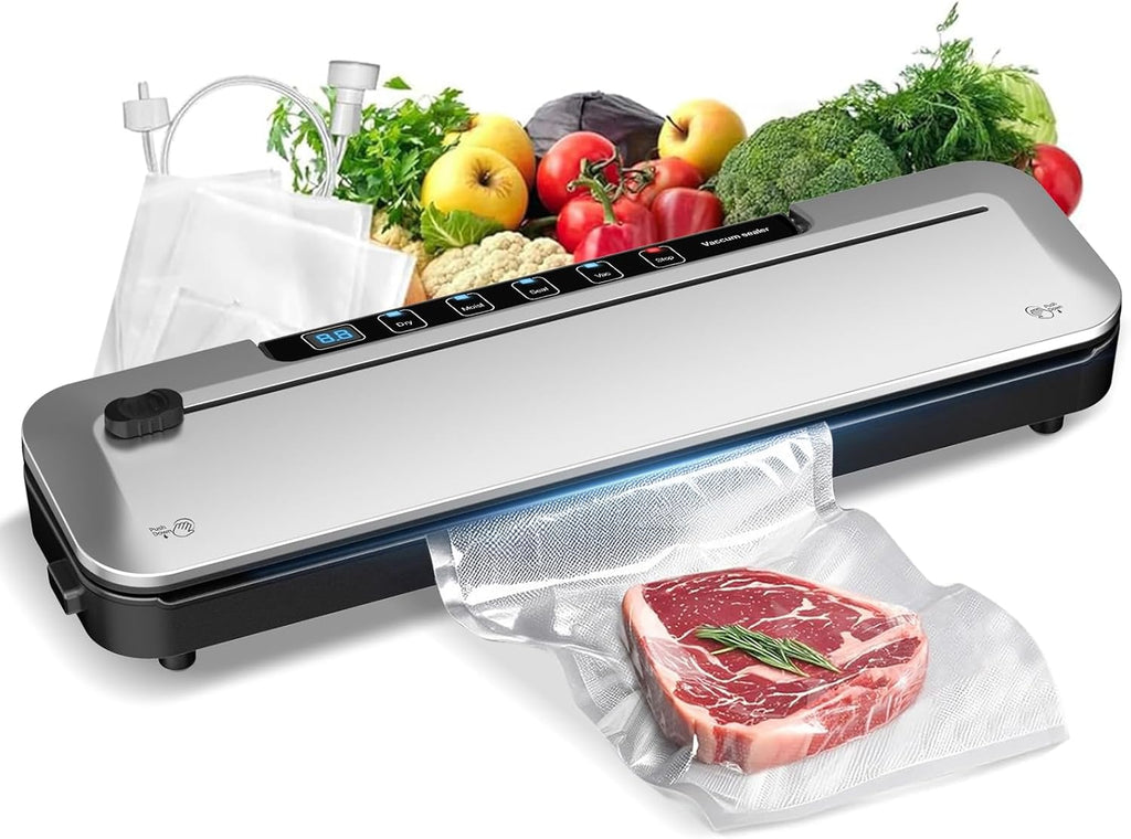 Vacuum Sealer Machine - 75KPa Food Preservation with 6-in-1 Modes & Digital Timer | Compact Design + 10 Bags (Black Silver)