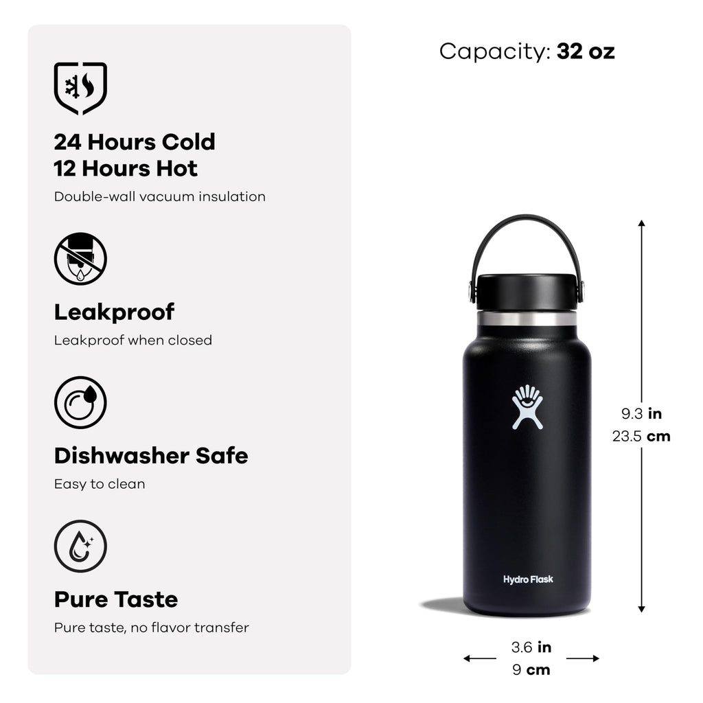 Hydro Flask Water Bottle - Insulated Stainless Steel - Wide Mouth Flex Lid, Non Spill, Leakproof and Refillable in 32 Oz Trillium Pink