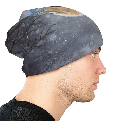 Wolf Moon Beanie For Women Men, Warm Soft Stretch Knitted Beanies Hat Lightweight Casual Slouchy Chemo Cap Cancer Headwear Gifts
