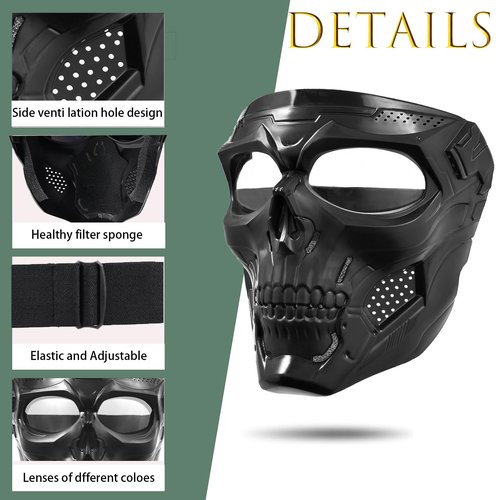 2PCS Airsoft Mask Paintball Mask Full Face Tactical Mask Suitable for CS Survival Games Shooting Cosplay Movie Halloween Skull Mask (Clear Lens)