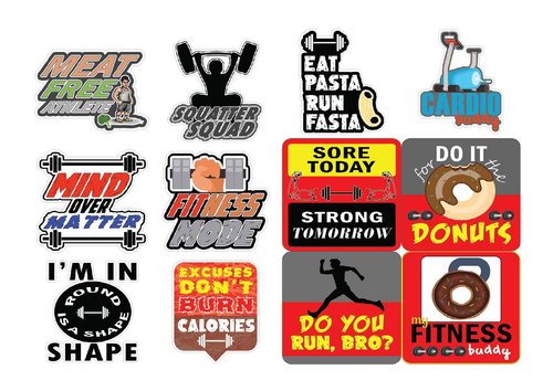 Creanoso Funny Fitness Stickers- 4 Bulk Sets (12 des. x 4pcs) Suitable for Laptops, Mac Book, Graffiti, Skateboards, Bumpers, Bikes, Bicycles, Travel Case, Bicycle