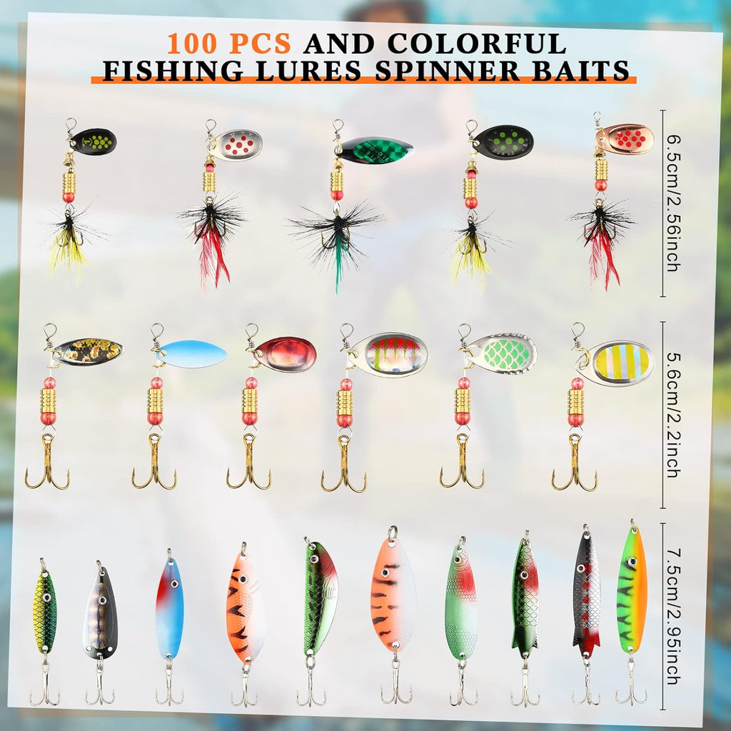 Skiennix Fishing Lures Kit - 100 Pcs Metal Spinner Baits for Trout, Salmon, Bass | Includes 4 Tackle Boxes