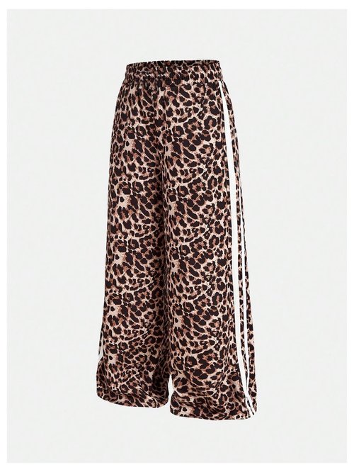 SHENHE Girl's Y2k Leopard Print Pants Wide Leg Baggy Side Stripe Cheetah Pants Trousers Brown 10 Years
