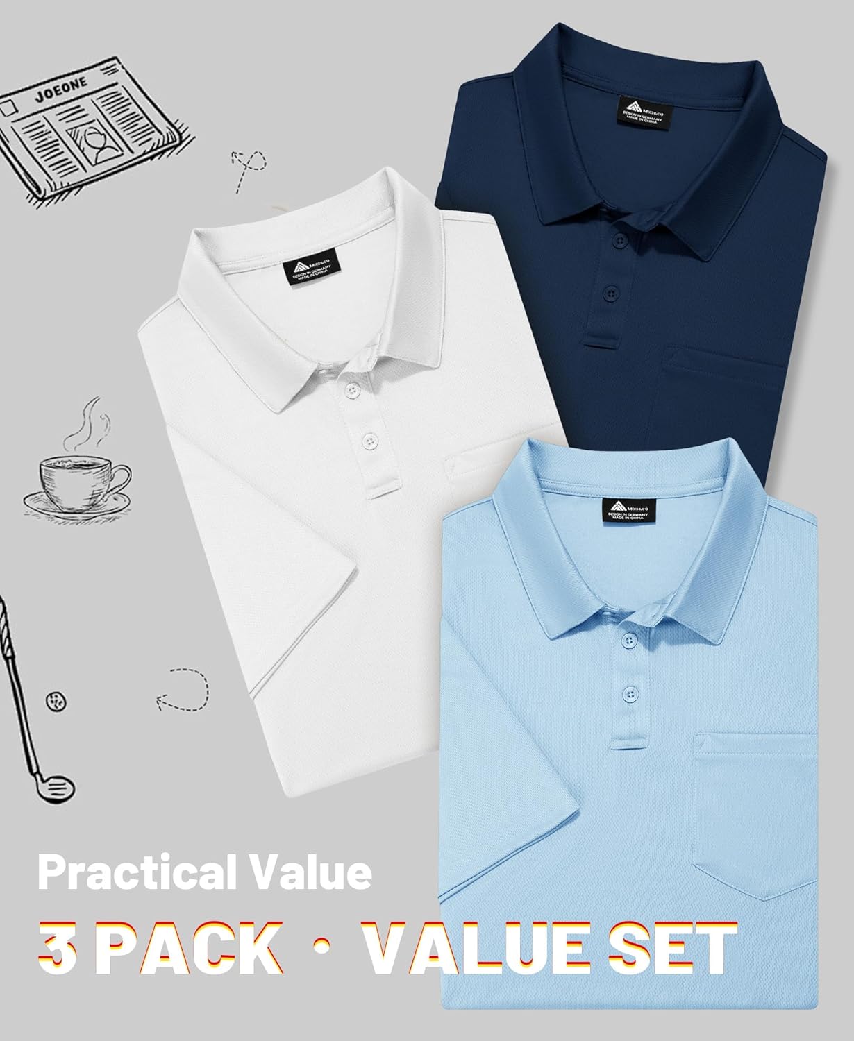 ZITY Men's Polo Shirts - 3 Pack Short Sleeve with Pocket | Moisture-Wicking Casual Golf Tees