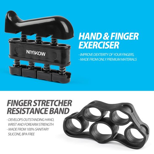 NIYIKOW Grip Strength Trainer, Adjustable Hand Grip Strengthener Kit - 5 Pack with Counting Forearm Strengthener, Finger Trainer, Finger Exerciser, Grip Ring, Grip Ball - Black