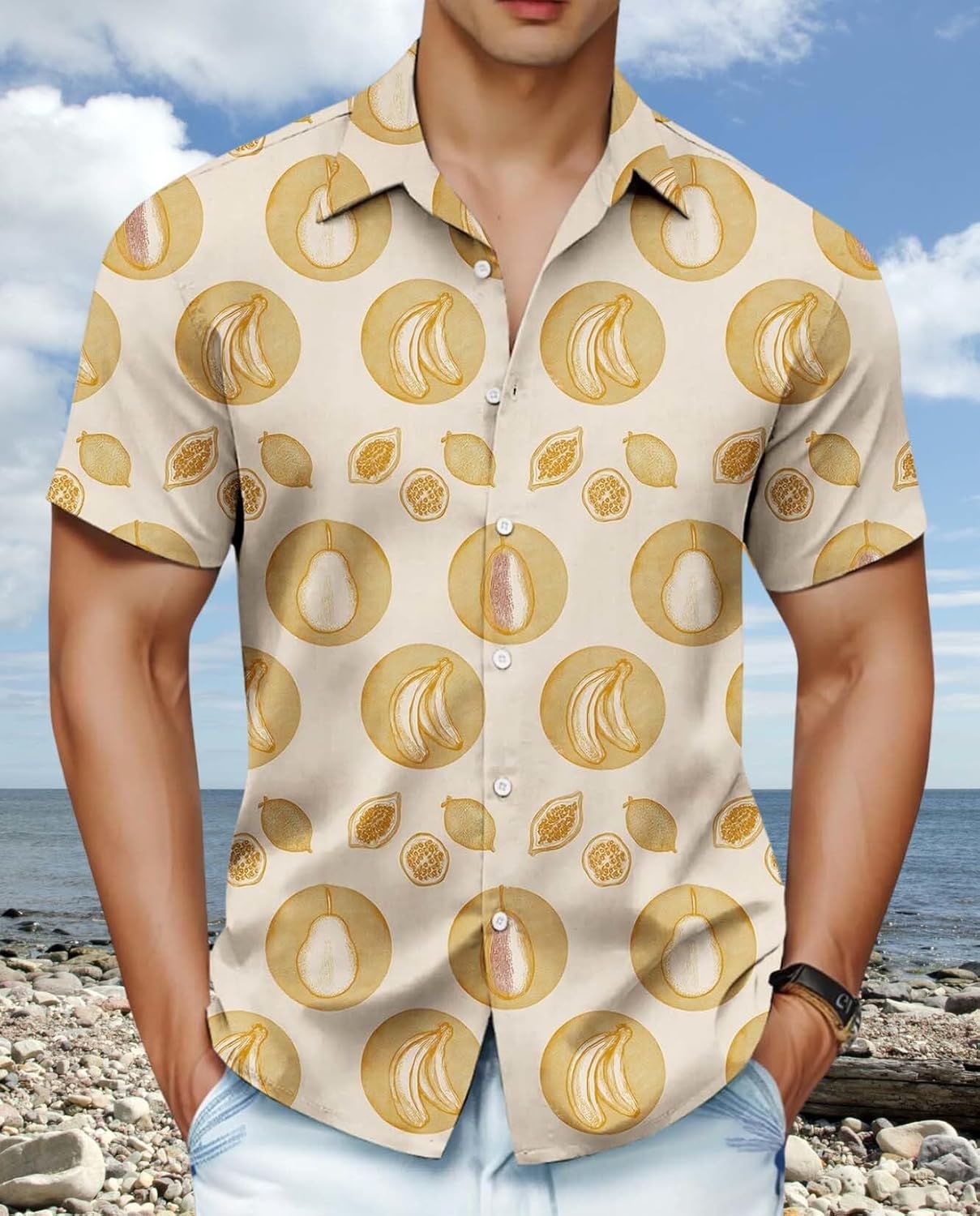 Skiennix Men's Hawaiian Shirt - Unique Fruit Print for Summer Vacations | Tropical Button-Up Tee