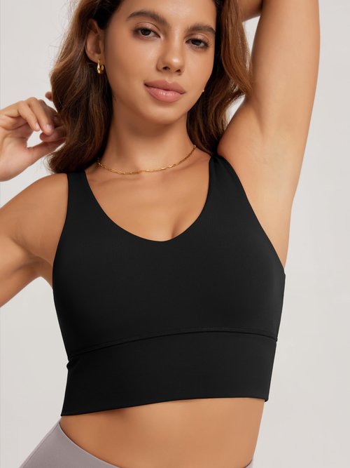 ODODOS Women's Longline U-Back Sports Bra V-Neck Padded Yoga Workout Wirefree Tank Top, Black, Medium