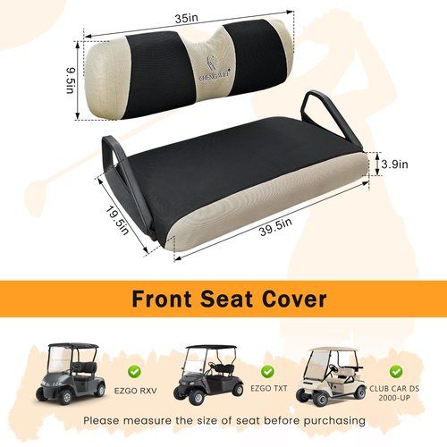 Golf Cart Seat Covers Fit EZGO TXT RXV Club Car DS 2000 and UP Standard Seat Cushion,Front Seat Covers Cooling Breathable Fabric Washable,Replacement Seat Cover No Stapler Needed(Black&Beige)