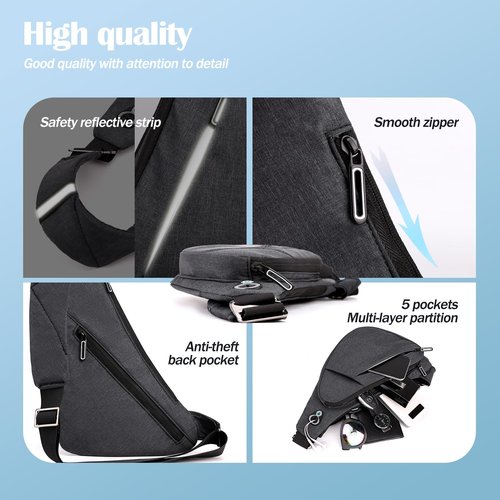 LKEX Crossbody Bag Anti-Theft Lightweight Casual Shoulder Backpack Sling Chest Bag Belt Rucksack for Travel Bicycle Sport（Dark Grey Right Hand）