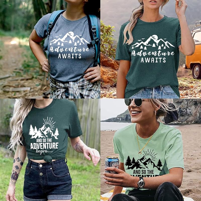 Women’s Mountain Adventure Begins Graphic Tee – Camping Hiking Shirt, Green, Large