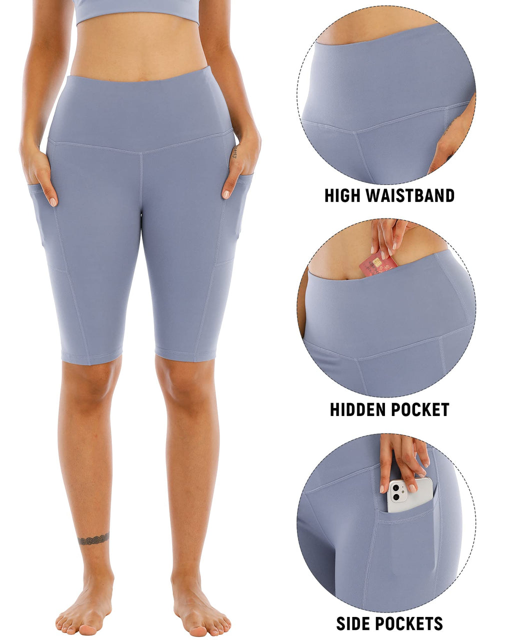 WHOUARE 4 Pack Biker Yoga Shorts with Pockets for Women,High Waisted Athletic Running Workout Gym Shorts Tummy Control, Black,Red Bean Paste,Gray Blue,Bean Green,XL