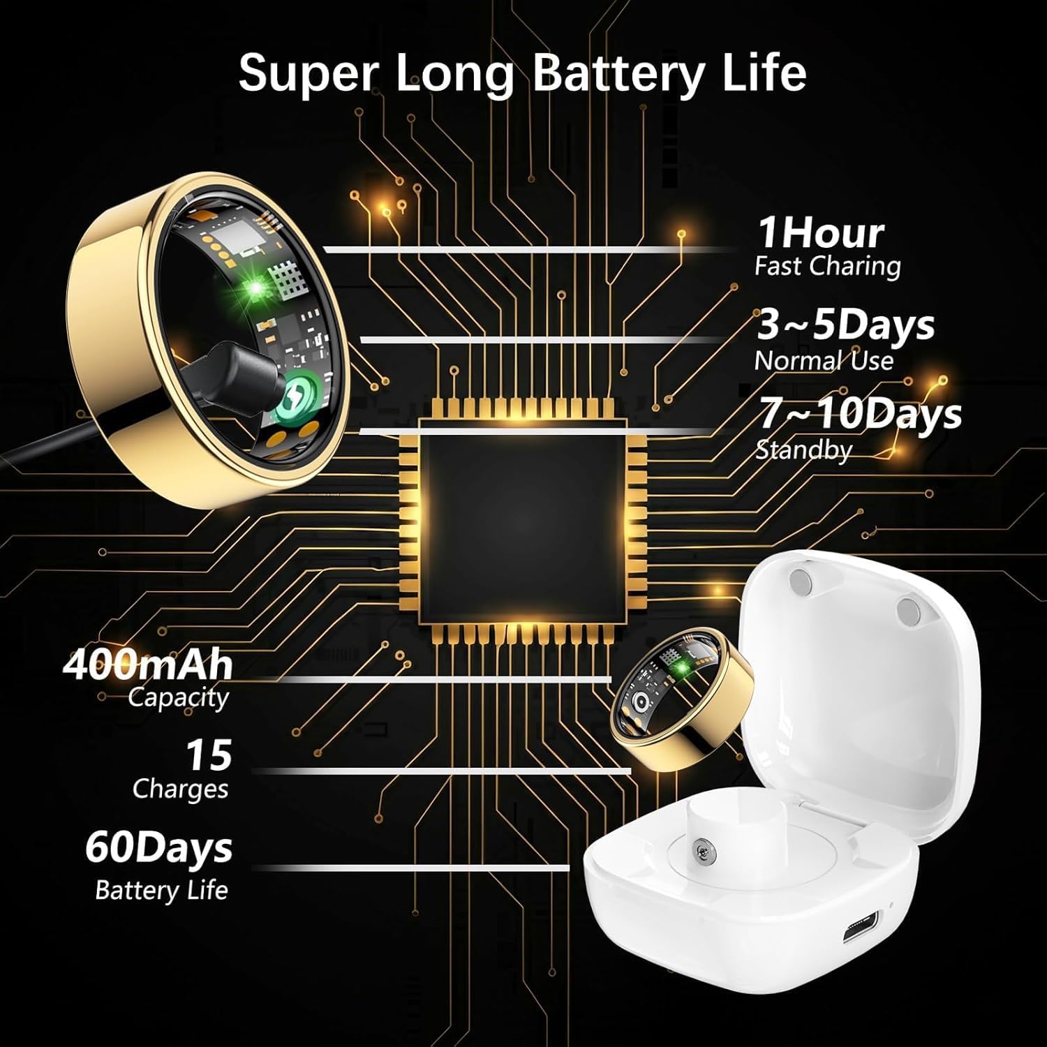 Skiennix Smart Ring - Fitness Tracker with Heart Rate, Blood Oxygen, Stress & Sleep Monitoring | Gold, Size 11