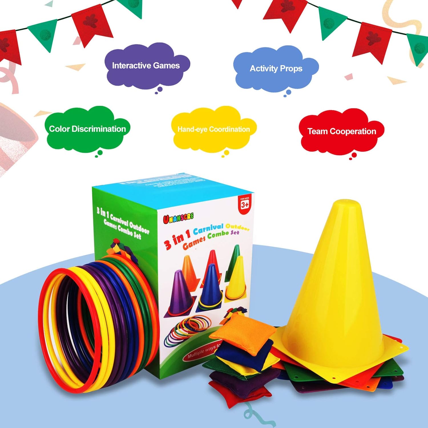 Unanscre 31PCS Carnival Outdoor Games Combo Set - Fun Soft Plastic Cones, Bean Bags & Ring Toss for Kids' Birthdays & Holidays