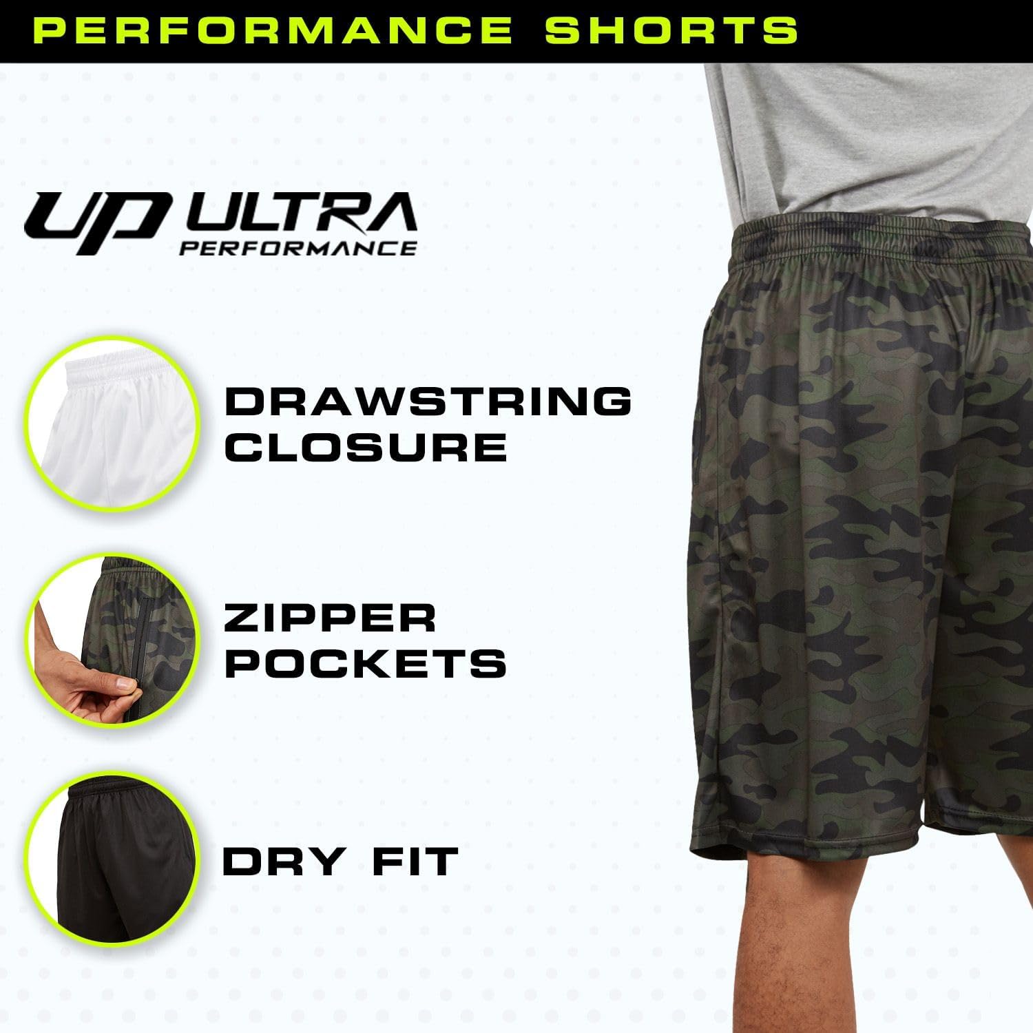 Ultra Performance Men's Athletic Running Shorts - 5 Pack Loose Fit Gym & Basketball Shorts with Zippered Pockets