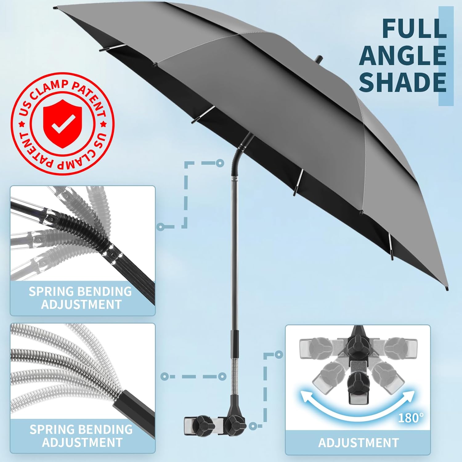Skiennix Double Canopy Umbrella - 48.6" UPF50+ Beach Chair Umbrella with Clamp | 360° Adjustable for Outdoor Use