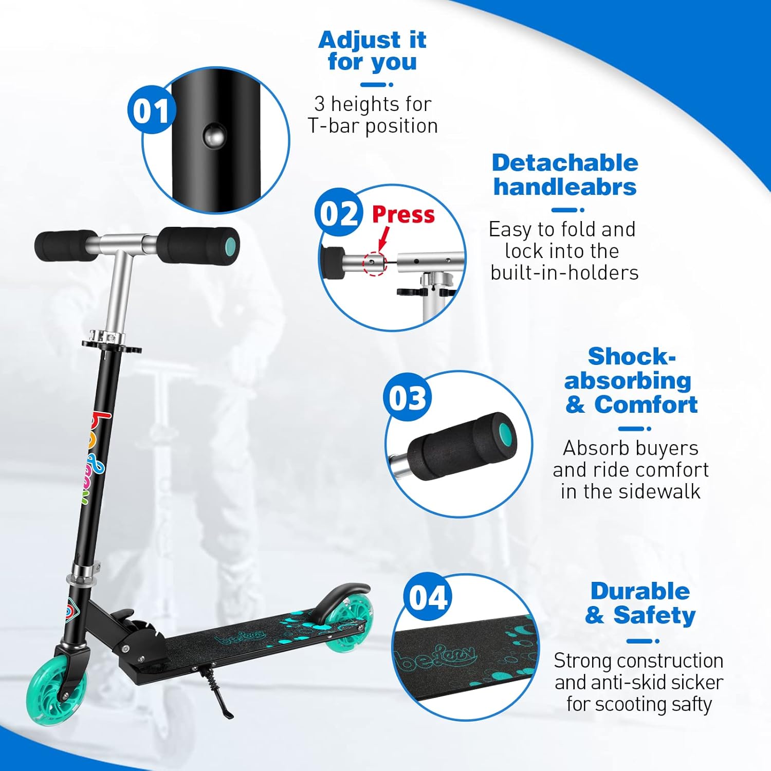 BELEEV V1 Kids Scooter - 2-Wheel Folding Kick Scooter with Light Up Wheels | Adjustable Height for Ages 3-12