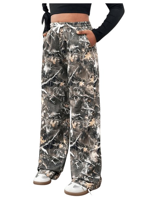 SOLY HUX Girl's Camo Wide Leg Pants Drawstring Waist Baggy Sweatpants with Pocket Army Green 12Y