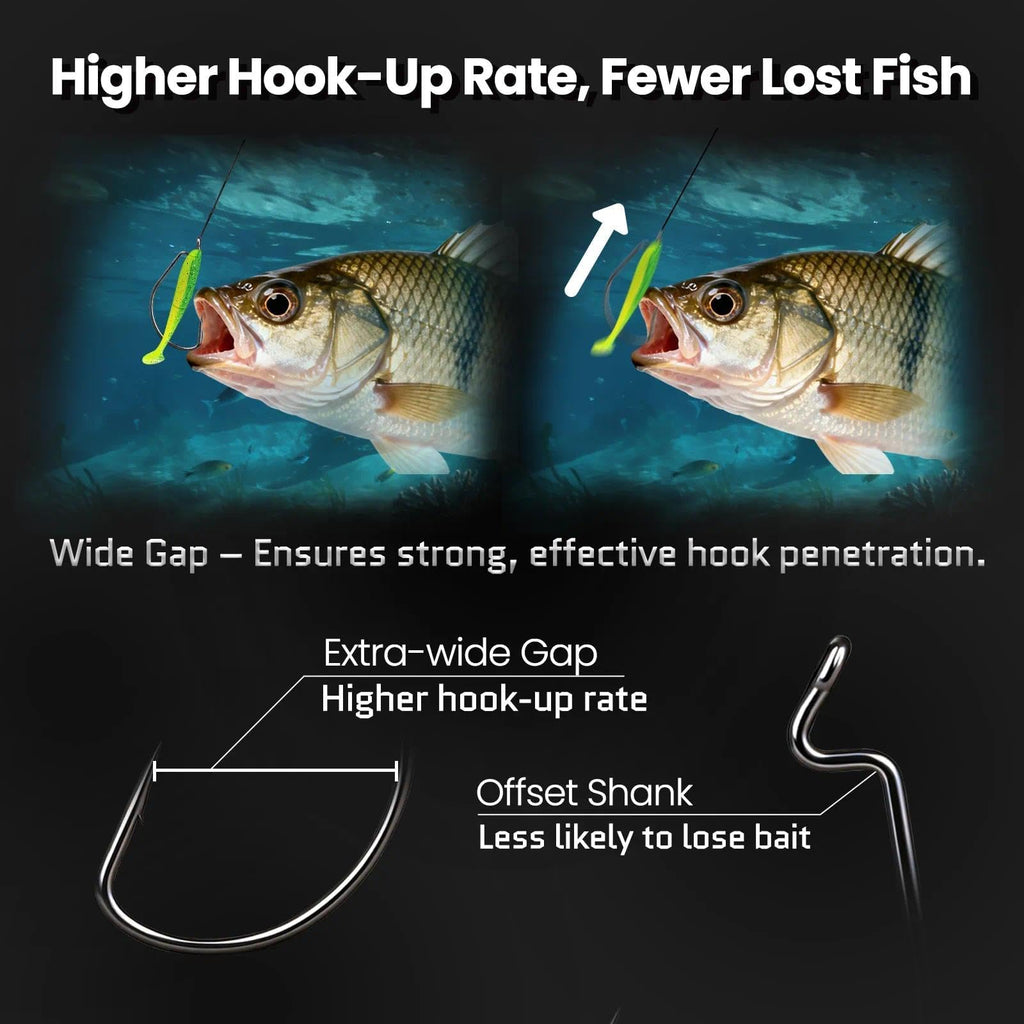 FishTrip 50pcs EWG Hooks for Bass Fishing Hooks, Extra Wide Gap Offset Worm Hook Texas Rig Fish Hooks for Bass Trout Freshwater Saltwater 3/0