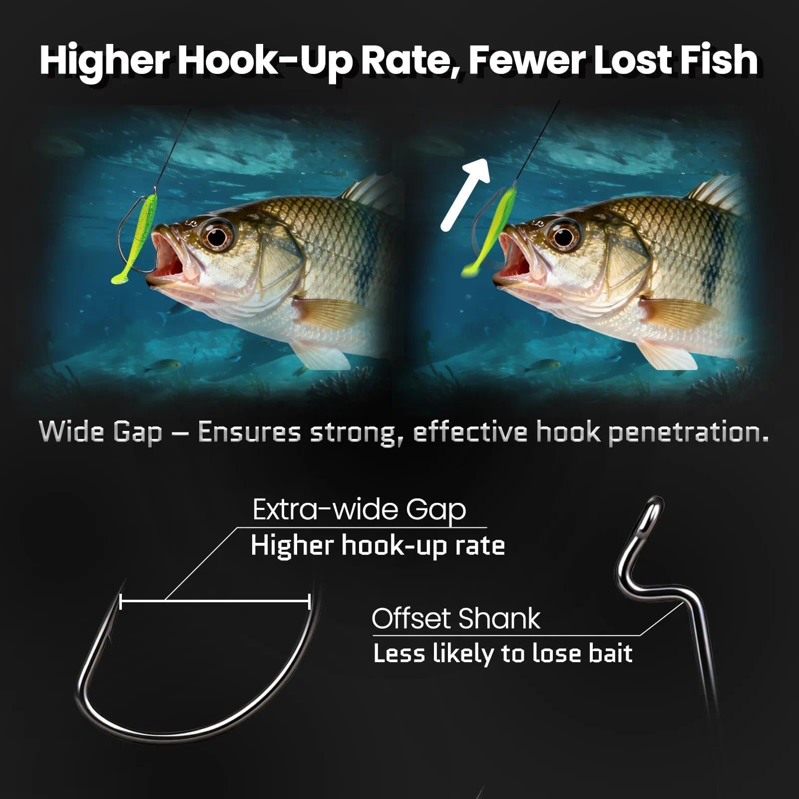 FishTrip 50pcs EWG Hooks for Bass Fishing Hooks, Extra Wide Gap Offset Worm Hook Texas Rig Fish Hooks for Bass Trout Freshwater Saltwater 3/0