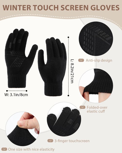 AWAYTR Women Winter Beanie Hat Scarf Gloves Set, 3Pcs Warm Knitted Hat Touchscreen Gloves Long Scarf for Cold Weather (Black)