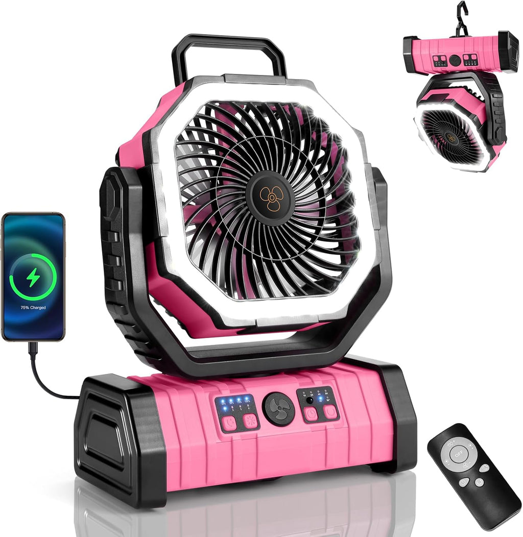 Odoland 30000mAh Camping Fan - Rechargeable LED Lantern & Oscillating Tent Fan | Portable with Remote, 4 Speeds, Pink