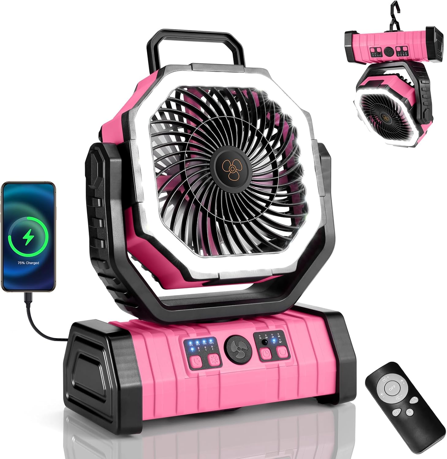 Odoland 30000mAh Camping Fan - Rechargeable LED Lantern & Oscillating Tent Fan | Portable with Remote, 4 Speeds, Pink