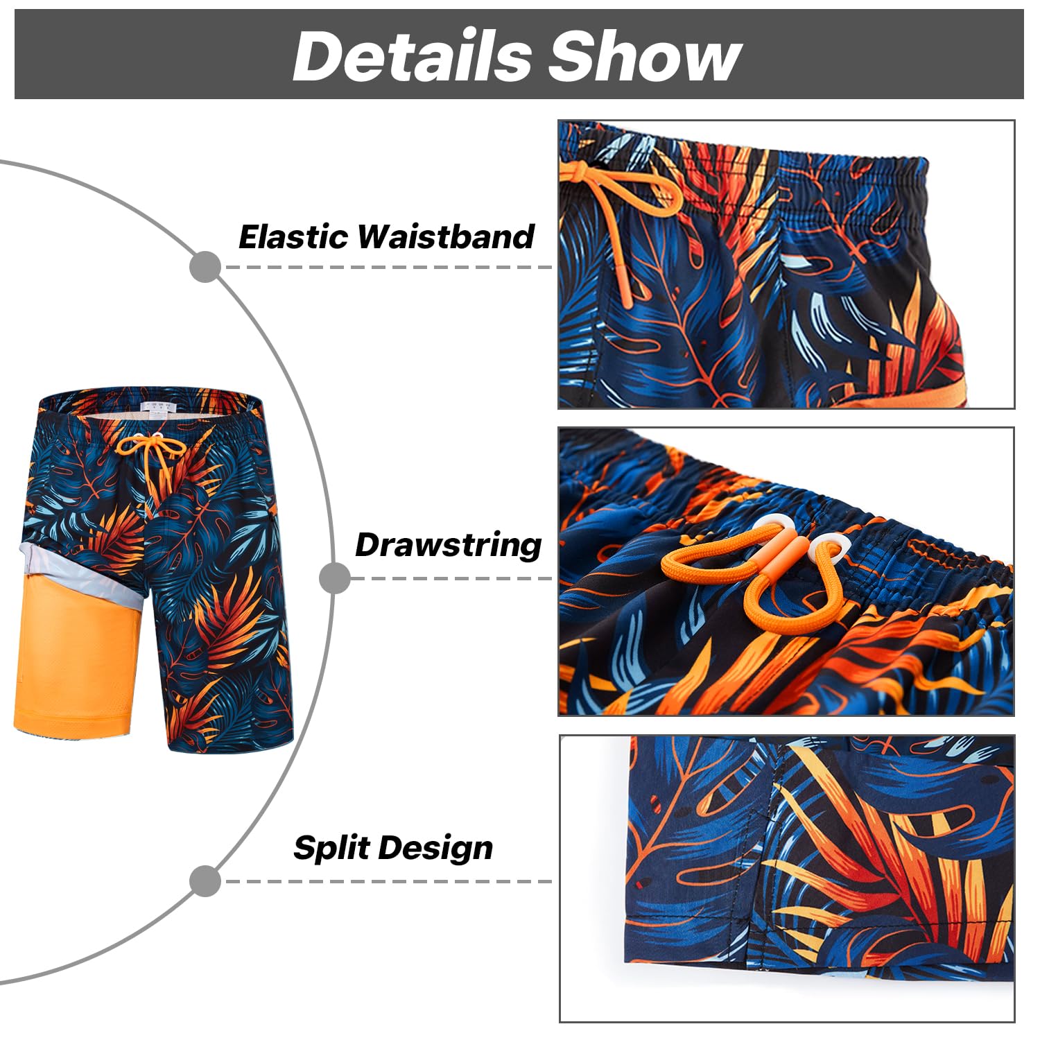 APTRO 2 in 1 Men's Swim Trunks 9" with Zipper Pockets Bathing Suit Built-in Board Shorts Swimwear Long Shorts Palm Orange 1X