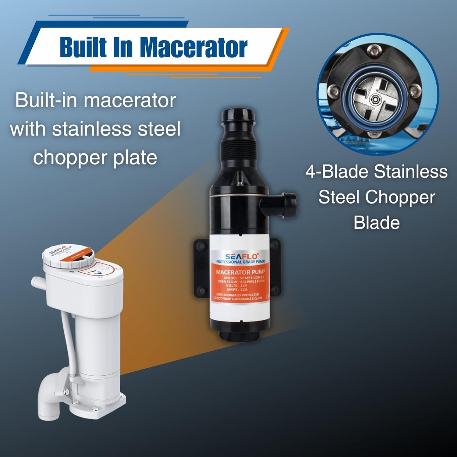 SEAFLO 12V Electric Marine Toilet Conversion Kit - Self-Priming Macerator Flush, Fits Compact & Regular Heads | 4-Year Warranty