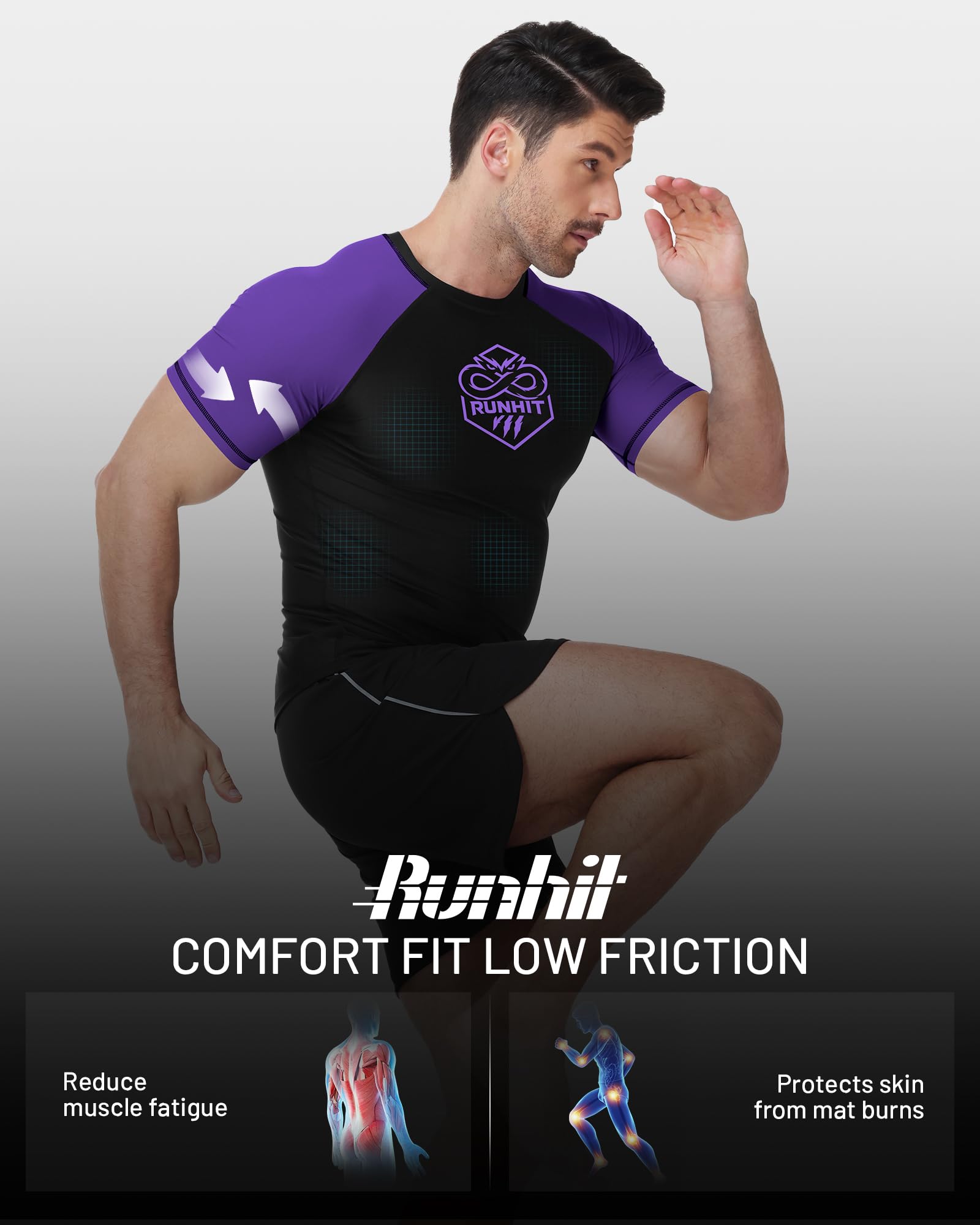 Runhit Men’s BJJ Rash Guard Short Sleeve No Gi Ranked Jiu Jitsu Compression Shirt for MMA Grappling Swimming Training Base Layer Quick Dry Purple XL