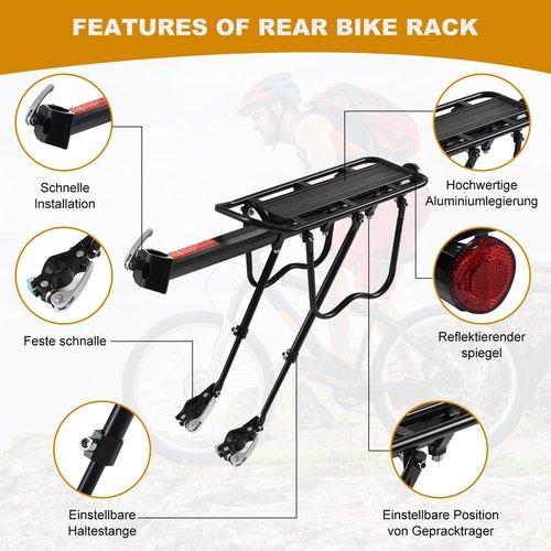 PussMog Rear Bike Rack, Aluminum Alloy, Black, 185 lbs Load Capacity, Quick Release, Cycling Camping Touring