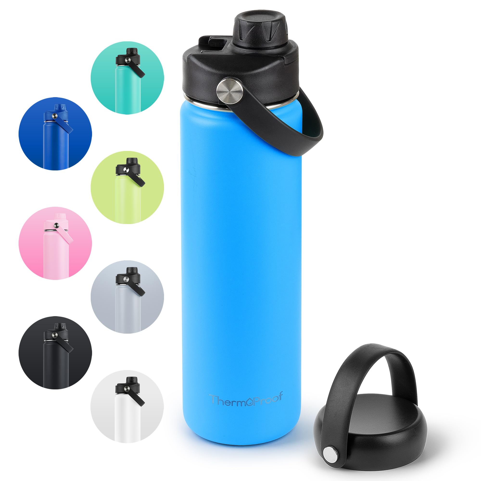 ThermoProof Double-Walled Vacuum Insulated Stainless Steel Water Bottle - Wide Mouth with Chug & Spout Lids, Dishwasher Safe, Reusable, Leakproof, Hot & Cold for Men, Women & Kids - 22oz, Light Blue