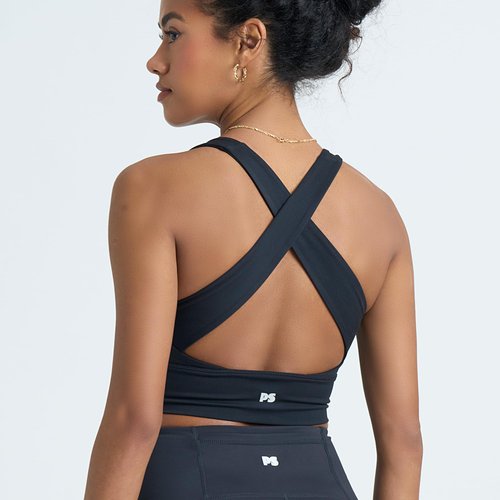 POPSUGAR Long Line Sports Bra Women, Workout Crop Tops for Women Longline Criss Cross Gym Yoga Tops with Built in Bra for Running Pilates Black Night, Medium