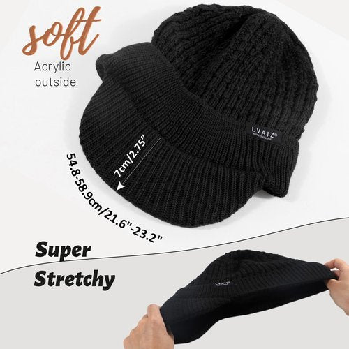 Lvaiz Womens Satin Lined Winter Beanie Hat with Brim Visor Warm Knit Cuffed Skull Baseball Cap Silk Lining Hat for Men Black
